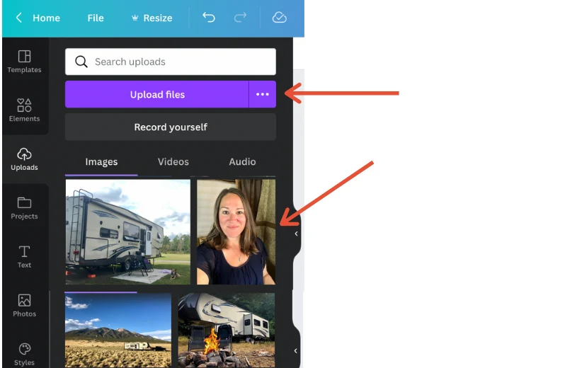 Annotated Canva screenshot: the Uploads panel open in the editor, with red arrows pointing to the Upload files button and to the panel’s collapse handle.