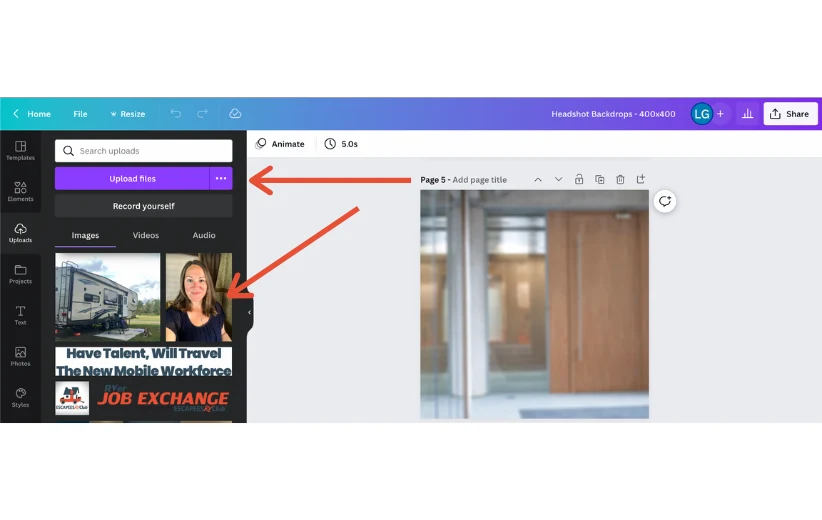 Annotated Canva screenshot: the Headshot Backdrops design open with the Uploads panel beside it, red arrows pointing to Upload files and to an uploaded headshot thumbnail.