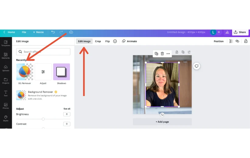 Annotated Canva screenshot: a headshot selected on the canvas with the Edit image panel open, red arrows pointing to the Edit image tab and to the BG Remover tile.