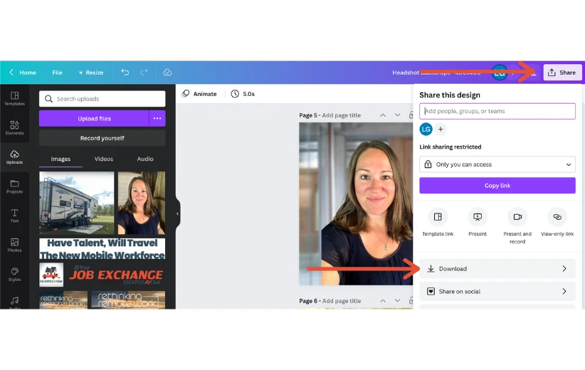 Annotated Canva screenshot: the Share this design panel open, with arrows pointing to the Share button and to the Download row.