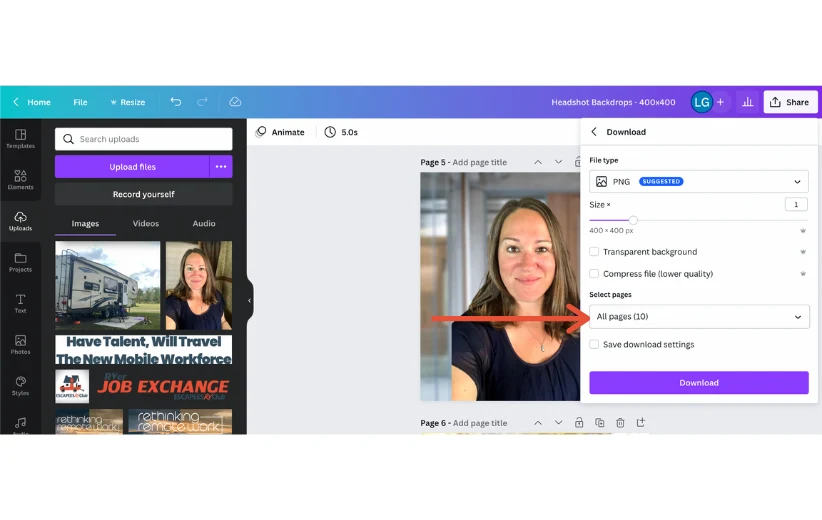 Annotated Canva screenshot: the Download panel showing file type PNG and a size slider, with a red arrow pointing to the Select pages dropdown.