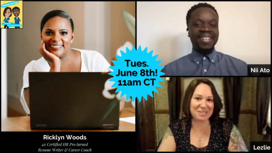 Live show graphic: a four-up video grid of guest Ricklyn Woods and hosts Nii Ato and Lezlie, with a cyan starburst reading Tues. June 8th! 11am CT and the guest’s name and title along the bottom.