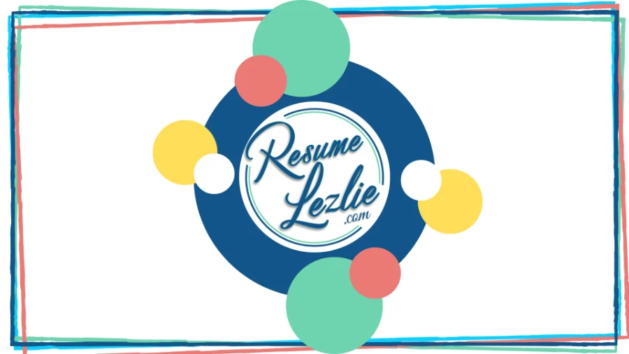 Live show intro screen: the Resume Lezlie script logo in a navy circle ringed by green, coral and yellow dots, inside a hand-drawn multicolour frame.