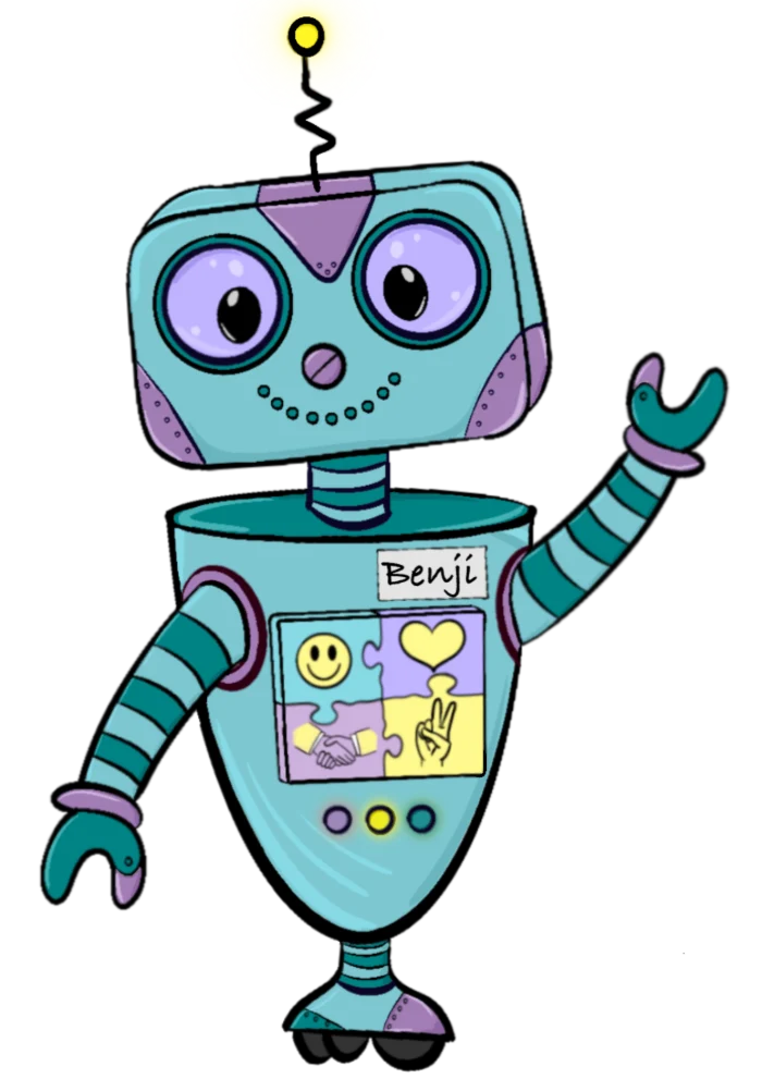 Original illustration of Benji, a teal and lavender robot character with large purple eyes, a lightbulb antenna and a chest panel of four puzzle-piece icons, waving.