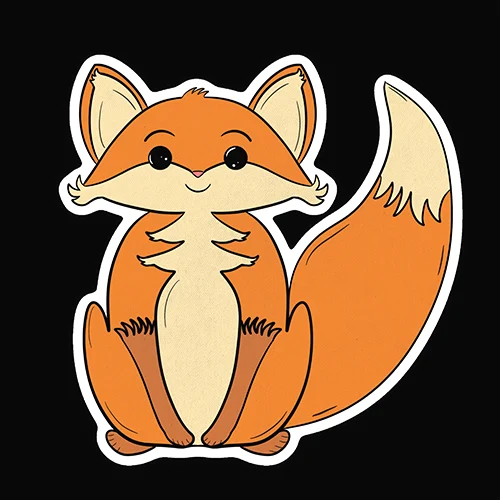 Die-cut sticker illustration of a sitting orange fox with a cream chest and a large curled tail.
