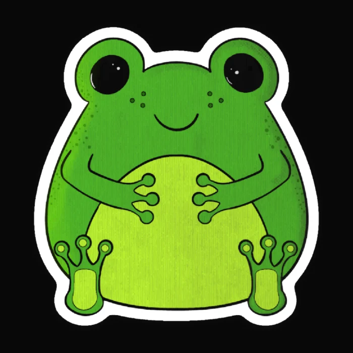 Die-cut sticker illustration of a round green frog with large black eyes and freckles, sitting with its front feet resting together.
