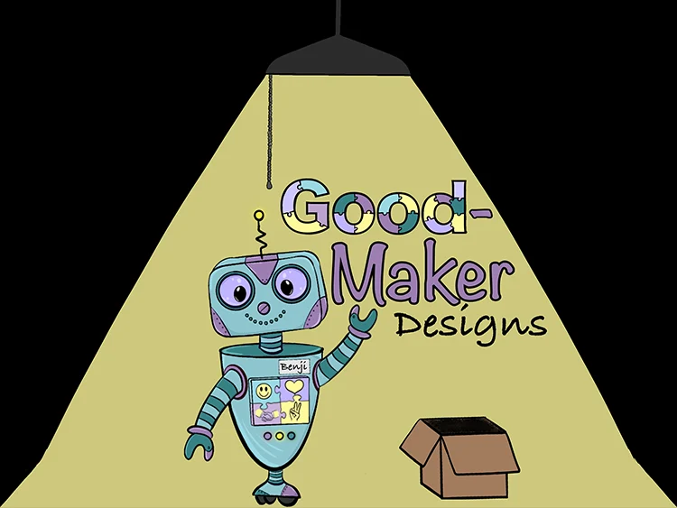 The GoodMaker Designs logo: Benji the robot waving under a hanging lamp in a cone of olive light beside a cardboard box, with the wordmark set in puzzle-piece lettering.