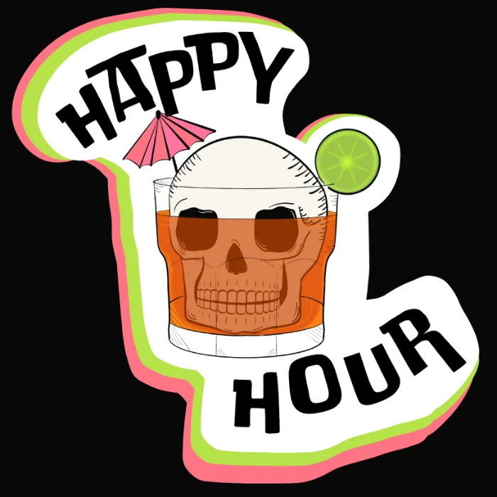 Die-cut sticker illustration of the whiskey-skull glass with HAPPY arced above it and HOUR below in heavy black type, outlined in pink and green.