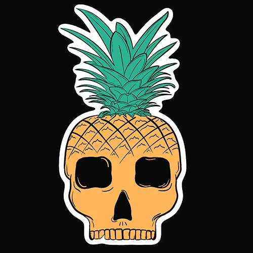 Die-cut sticker illustration of a skull drawn as a pineapple, with green pineapple leaves standing up as its crown.