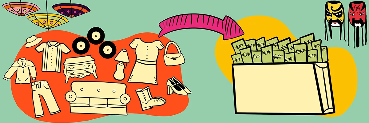 Wide illustration of a thrift store trade program: clothing, furniture, records and shoes gathered on the left, a pink arrow curving right to a till drawer full of cash, with paper lanterns and opera masks above.