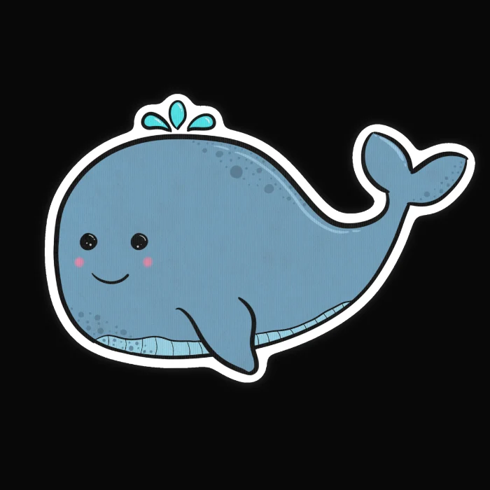 Die-cut sticker illustration of a round blue-grey whale with pink cheeks and a small teal spout above its head.