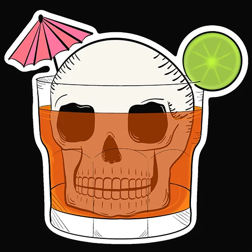 Die-cut sticker illustration of a skull submerged in a rocks glass of whiskey, with a pink paper umbrella and a lime wheel on the rim.