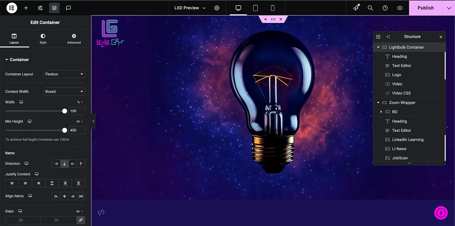 The Elementor editor showing the Learning Experience Design preview site: container layout settings on the left, the lightbulb hero on the canvas, and the Structure panel of nested elements on the right.