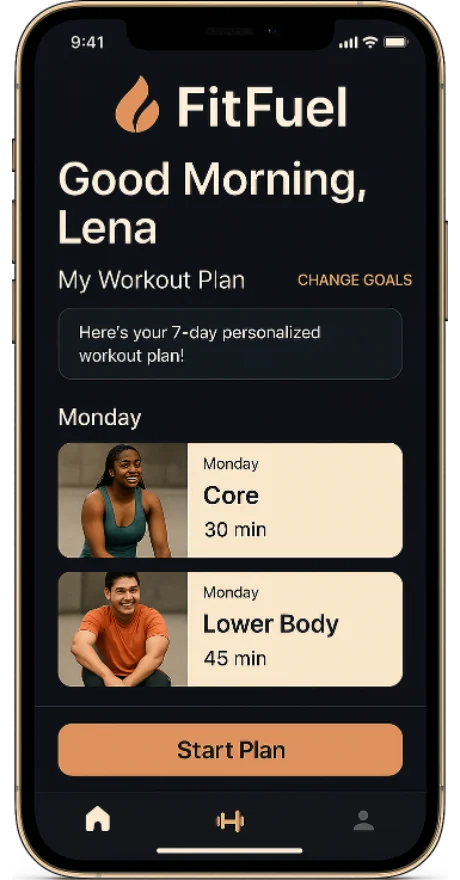 The FitFuel app on a phone showing a personalized Monday workout plan with Core and Lower Body sessions and a Start Plan button.