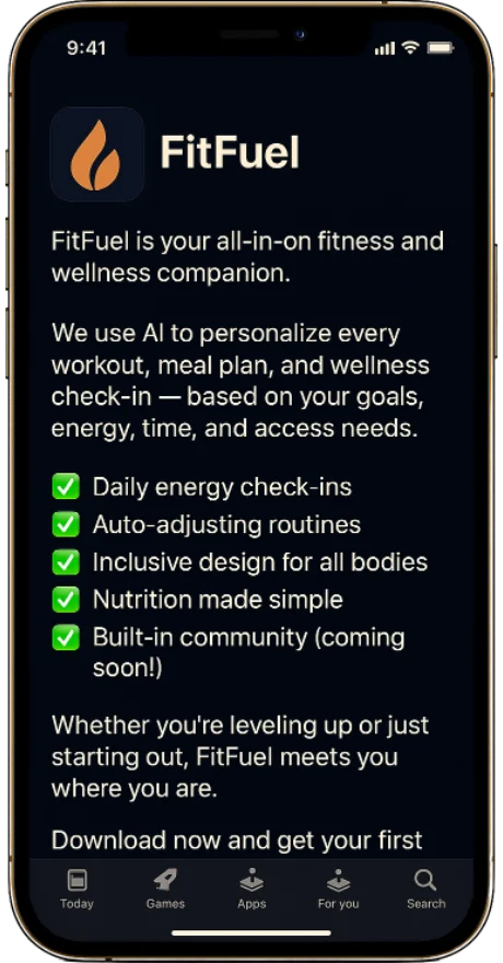 The FitFuel App Store listing on a phone, with the app icon and a feature list covering energy check-ins, auto-adjusting routines and inclusive design.