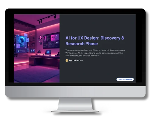 An iMac showing the title slide of the FitFuel discovery deck, "AI for UX Design: Discovery & Research Phase", beside a neon-lit render of a design studio.