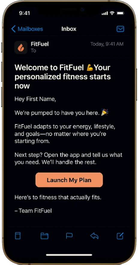 The FitFuel welcome email on a phone: "Your personalized fitness starts now", with a Launch My Plan button.