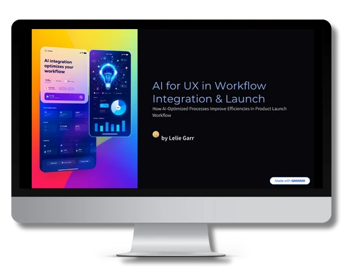 An iMac showing the title slide of the deck "AI for UX in Workflow Integration & Launch", beside a rainbow-gradient panel of FitFuel app screens.