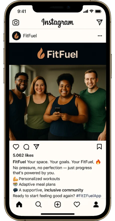 A FitFuel Instagram post on a phone: four smiling people of different body types, captioned around personalized workouts, adaptive meal plans and an inclusive community.