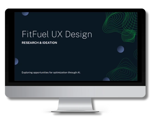 An iMac showing the title slide of the FitFuel UX Design deck, "Research & Ideation", on a dark navy background with green contour-line artwork.