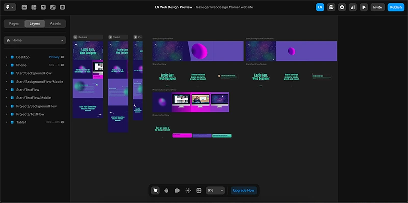 The Framer editor showing the Web Design preview project: Layers panel listing desktop, tablet and phone breakpoints, with the responsive artboards laid out across the canvas.