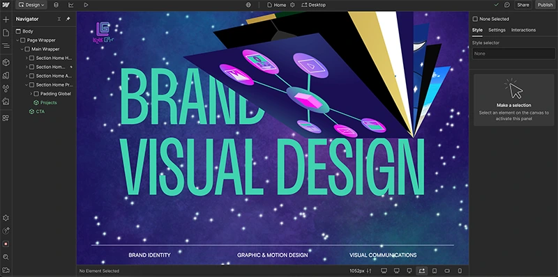 The Webflow designer showing the Brand & Visual Design preview site: Navigator panel of page sections on the left, the starfield hero canvas centre, Style and Interactions panels right.