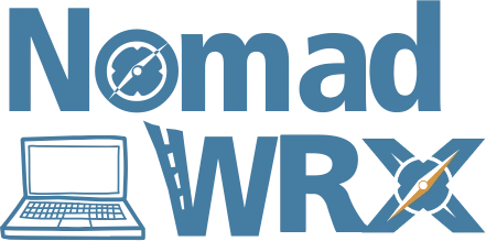 NomadWrx stacked logo: a laptop-and-compass mark with the hidden X.