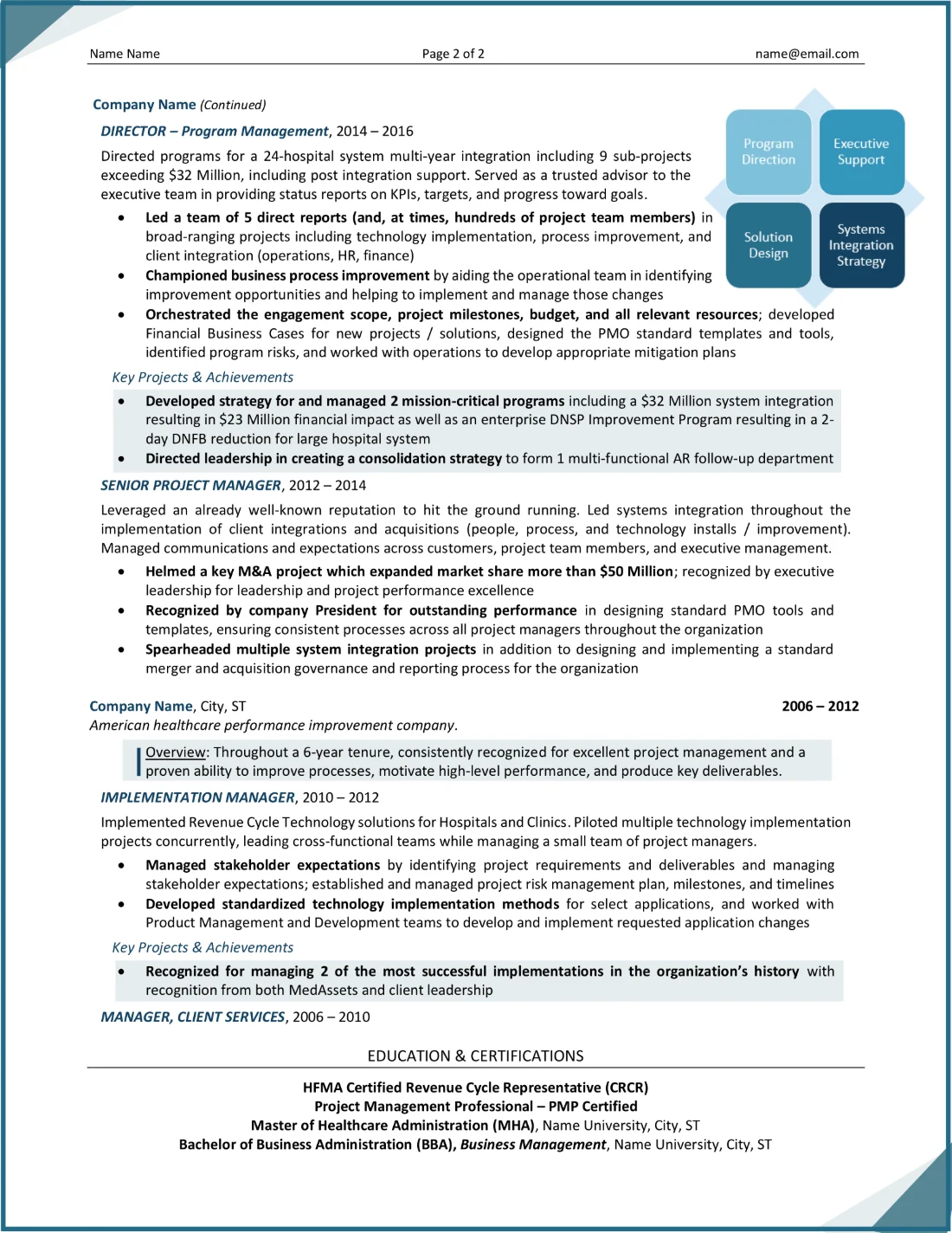 Program and project management resume designed by Resume Lezlie, page 2