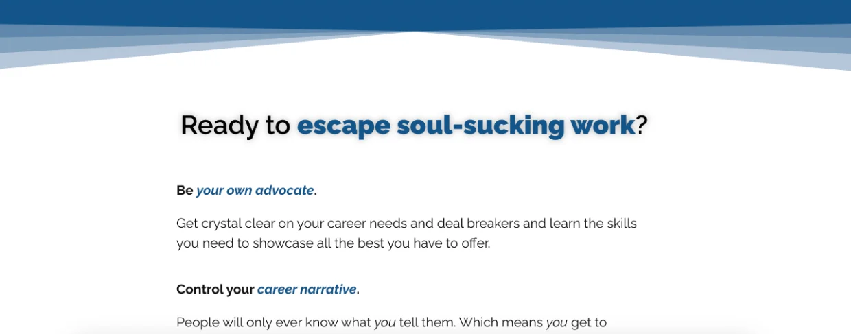 Resume Lezlie homepage copy: the headline “Ready to escape soul-sucking work?” over sections headed Be your own advocate and Control your career narrative.