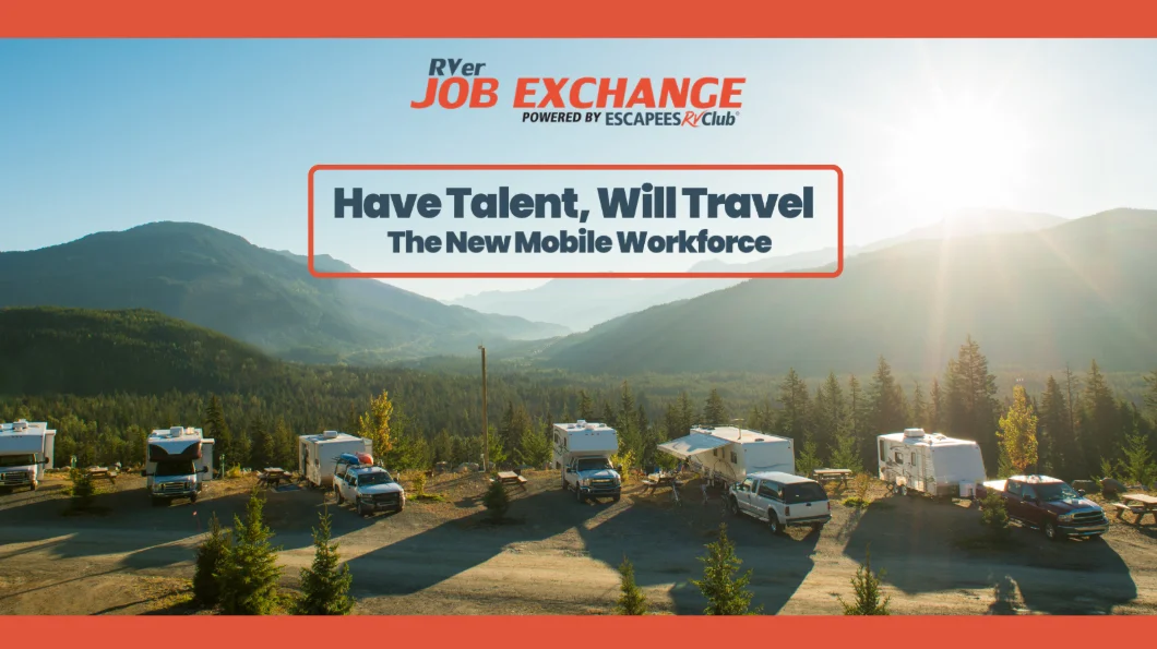 RVer Job Exchange Facebook cover: “Have Talent, Will Travel — The New Mobile Workforce” over the same mountain-overlook RV photo, inside an orange frame.