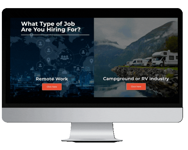 Redesigned employer type page: an animated, self-segmenting split screen (“Remote Work” vs “Campground or RV Industry”) with dark hover overlays.