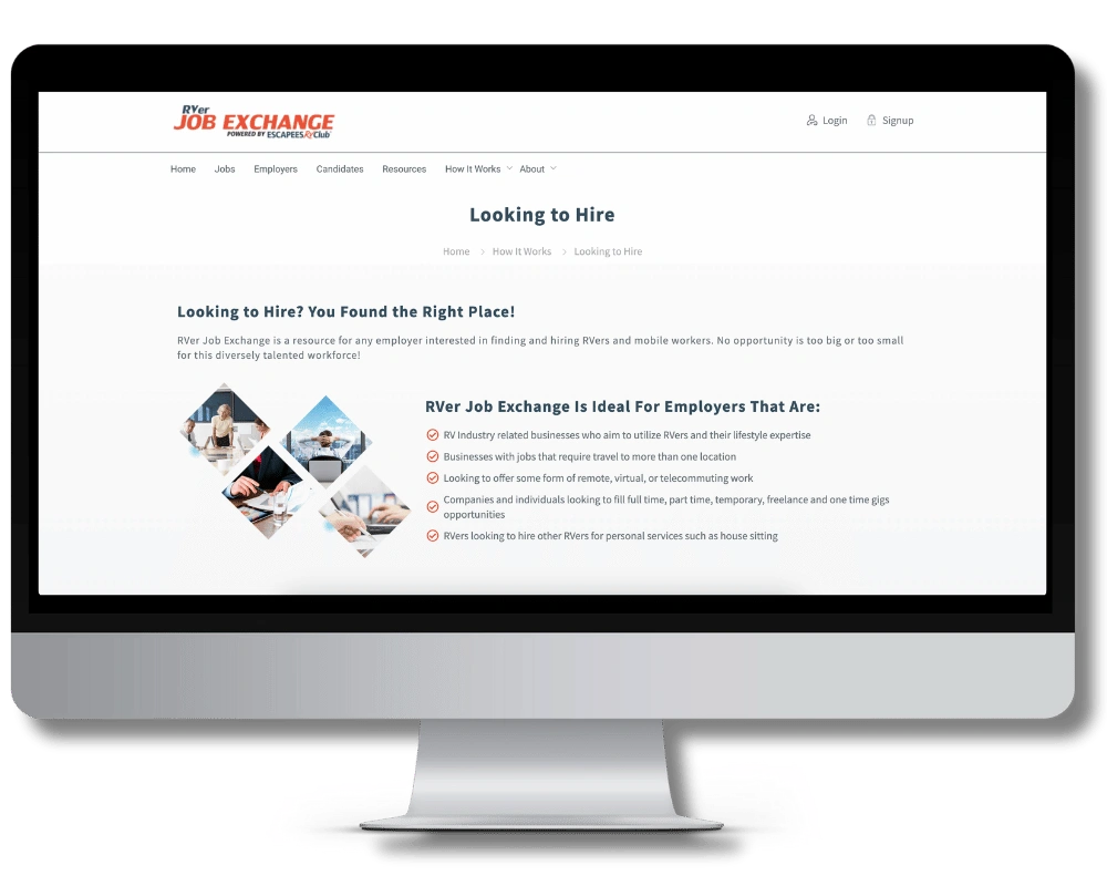 Original RVer Job Exchange employer page (“Looking to Hire”): a single page addressing three different employer types.