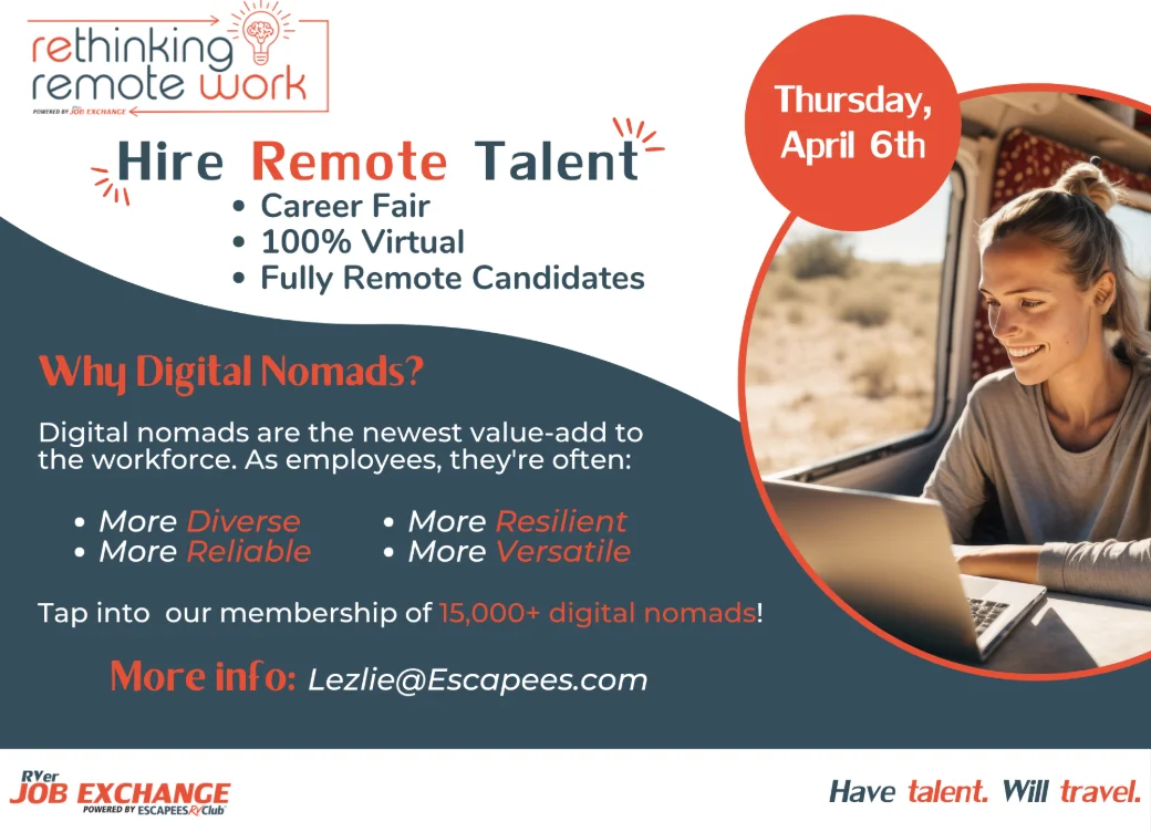 Rethinking Remote Work event graphic: Hire Remote Talent, a 100% virtual career fair on Thursday April 6th, with a Why Digital Nomads? panel and the Have talent. Will travel. tagline.