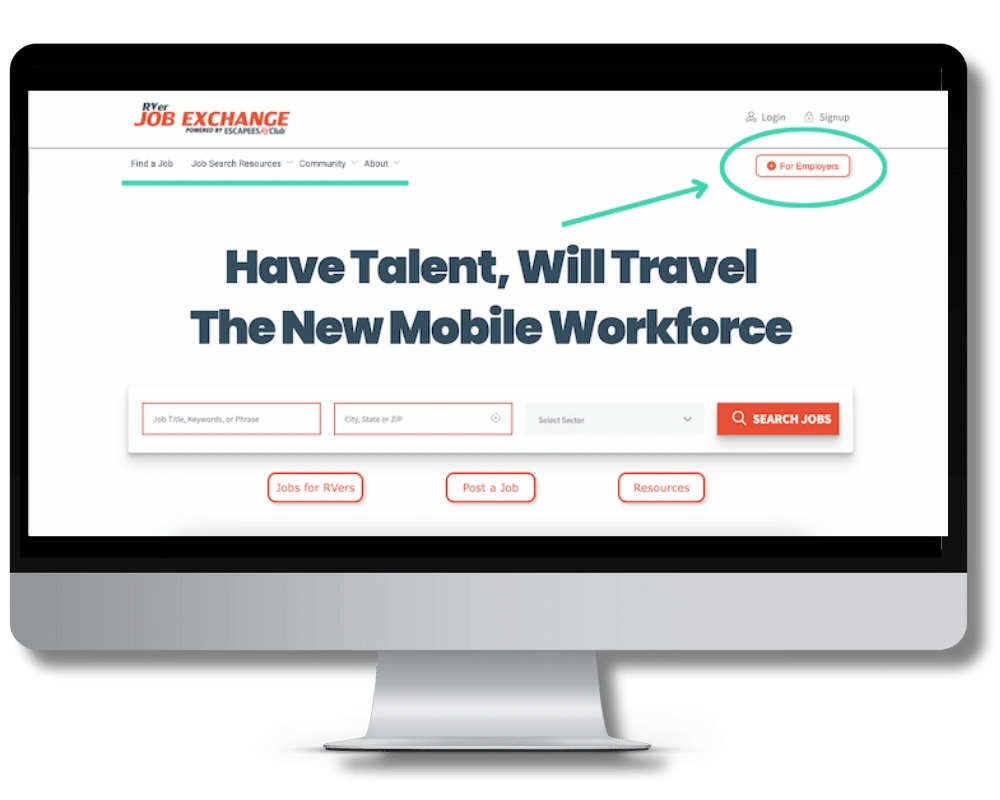 Redesigned RVer Job Exchange homepage: candidate-focused, with a highlighted “For Employers” button in the top right.
