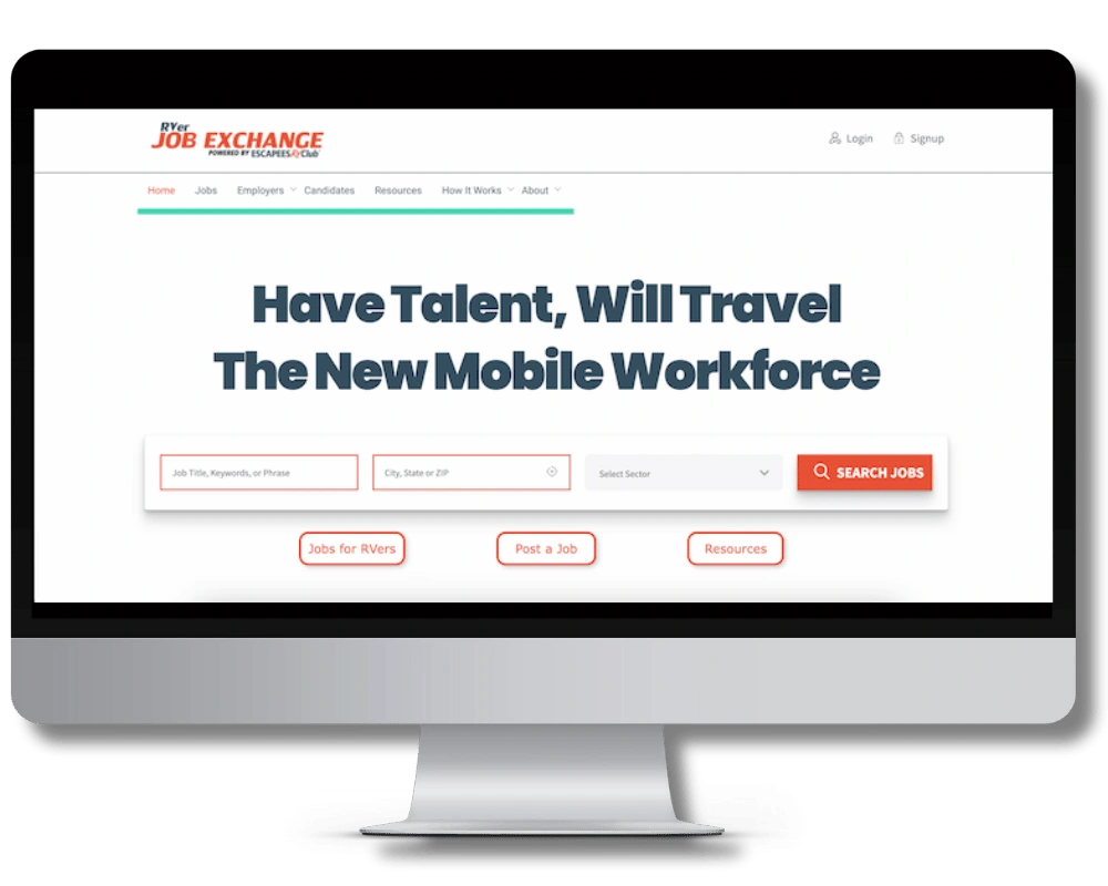 RVer Job Exchange homepage, original version: navigation and “Have Talent, Will Travel” hero serving candidates and three employer types at once.