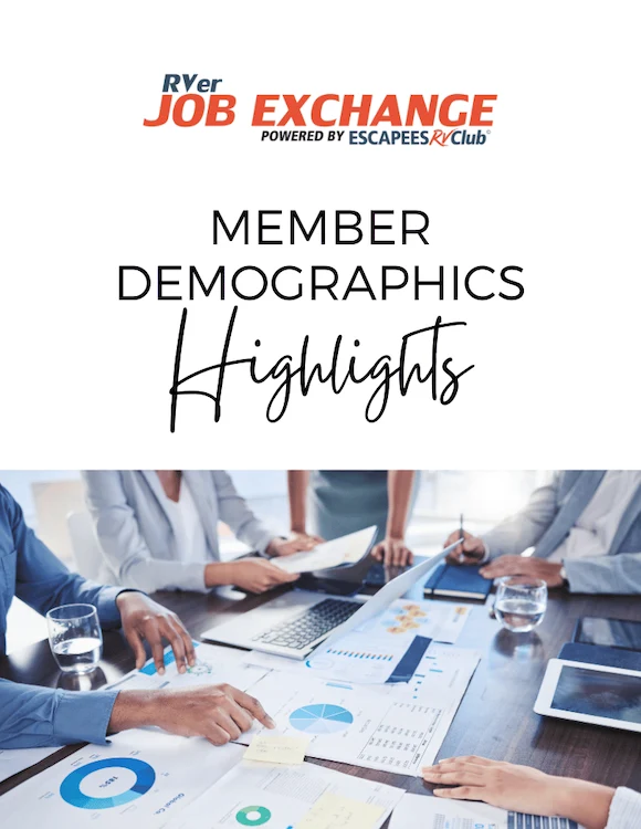Cover of the RVer Job Exchange Member Demographics Highlights report, over a photo of a team reviewing charts around a table.