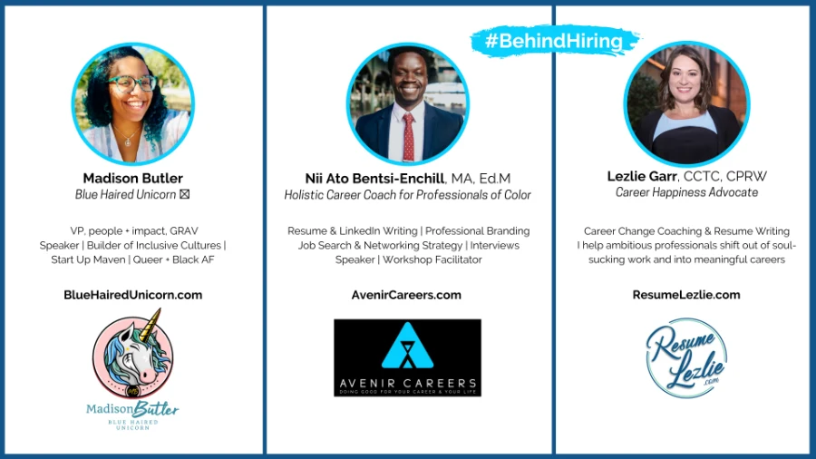 Behind Hiring end card: headshots, titles, service lines, sites and logos for the three on-camera guests.