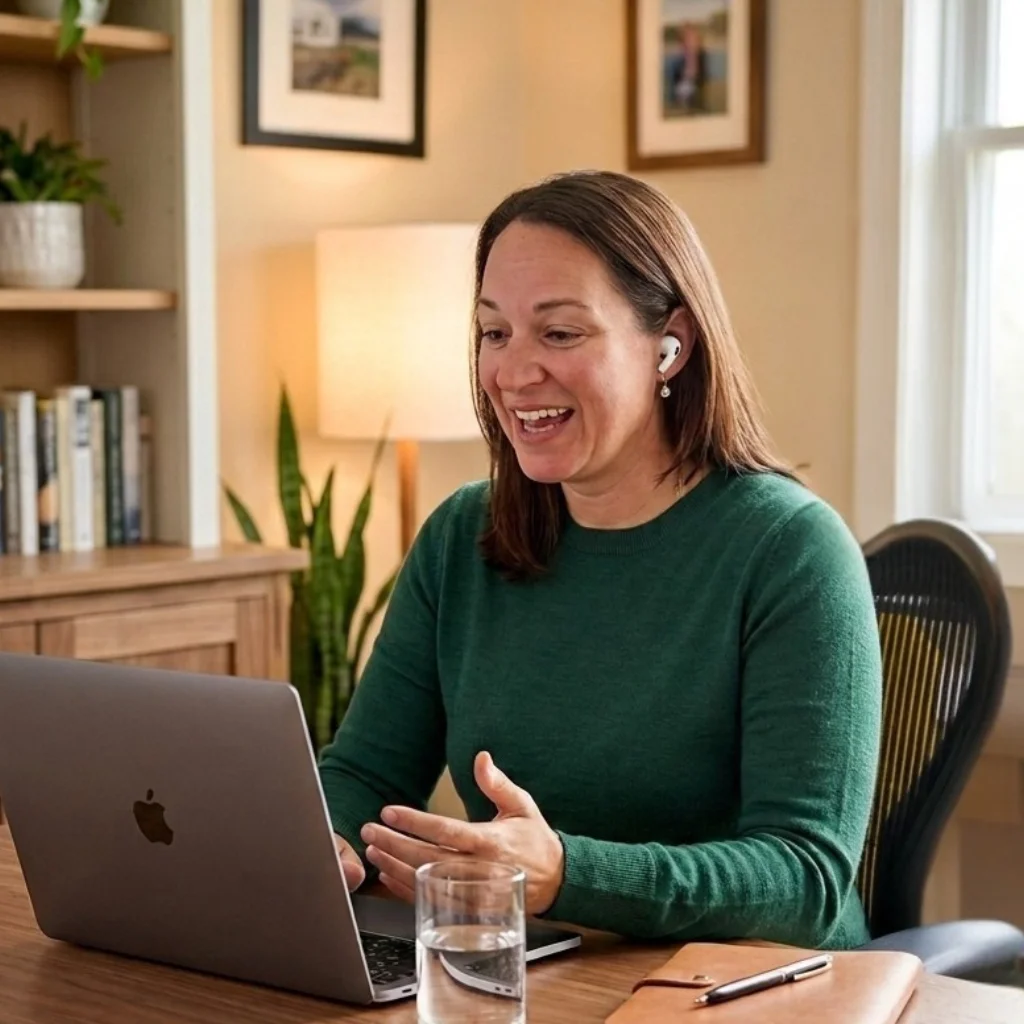 Lezlie on a client video call at her desk, earbuds in, talking with her hands